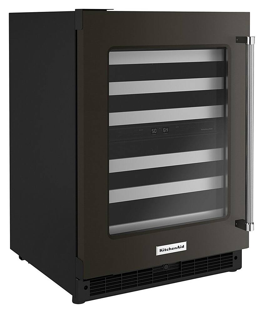 Angle. KitchenAid - 46-Bottle Dual-Zone Wine Cellar with Glass Door and Metal-Front Racks - Black Stainless Steel.