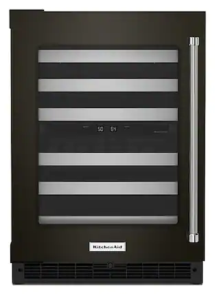 Front. KitchenAid - 46-Bottle Dual-Zone Wine Cellar with Glass Door and Metal-Front Racks - Black Stainless Steel.
