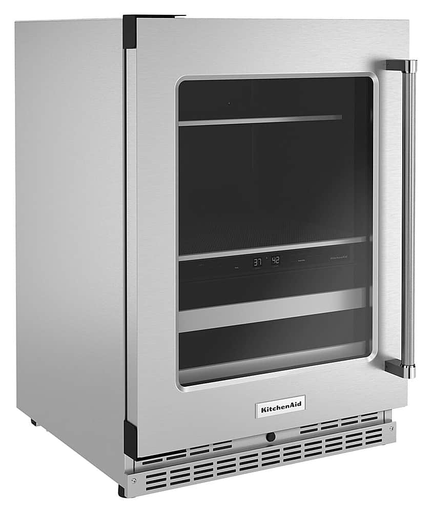 Angle View: KitchenAid - 14-Bottle Dual Zone Beverage Cooler with Glass Door and Metal-Front Racks - Stainless steel