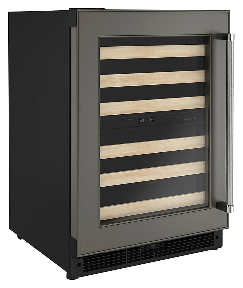 Angle. KitchenAid - 46-Bottle Dual-Zone Wine Cellar with Wood-Front Racks - Custom Panel Ready.
