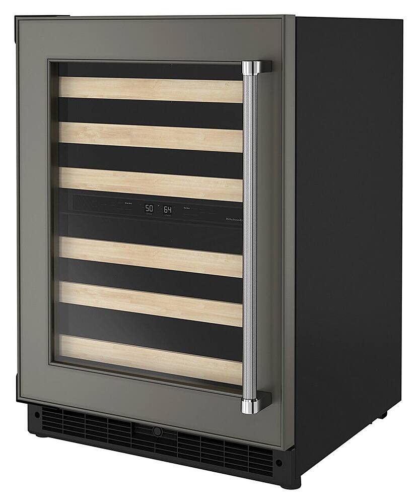 Left. KitchenAid - 46-Bottle Dual-Zone Wine Cellar with Wood-Front Racks - Custom Panel Ready.