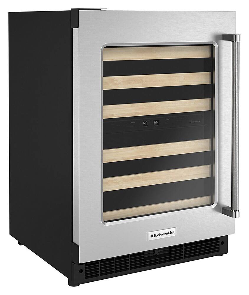 Angle. KitchenAid - 46-Bottle Dual-Zone Wine Cellar with Glass Door and Wood-Front Racks - Stainless Steel.