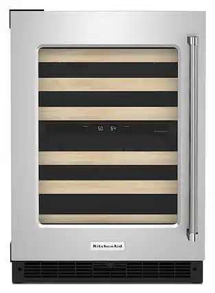 Front. KitchenAid - 46-Bottle Dual-Zone Wine Cellar with Glass Door and Wood-Front Racks - Stainless steel.