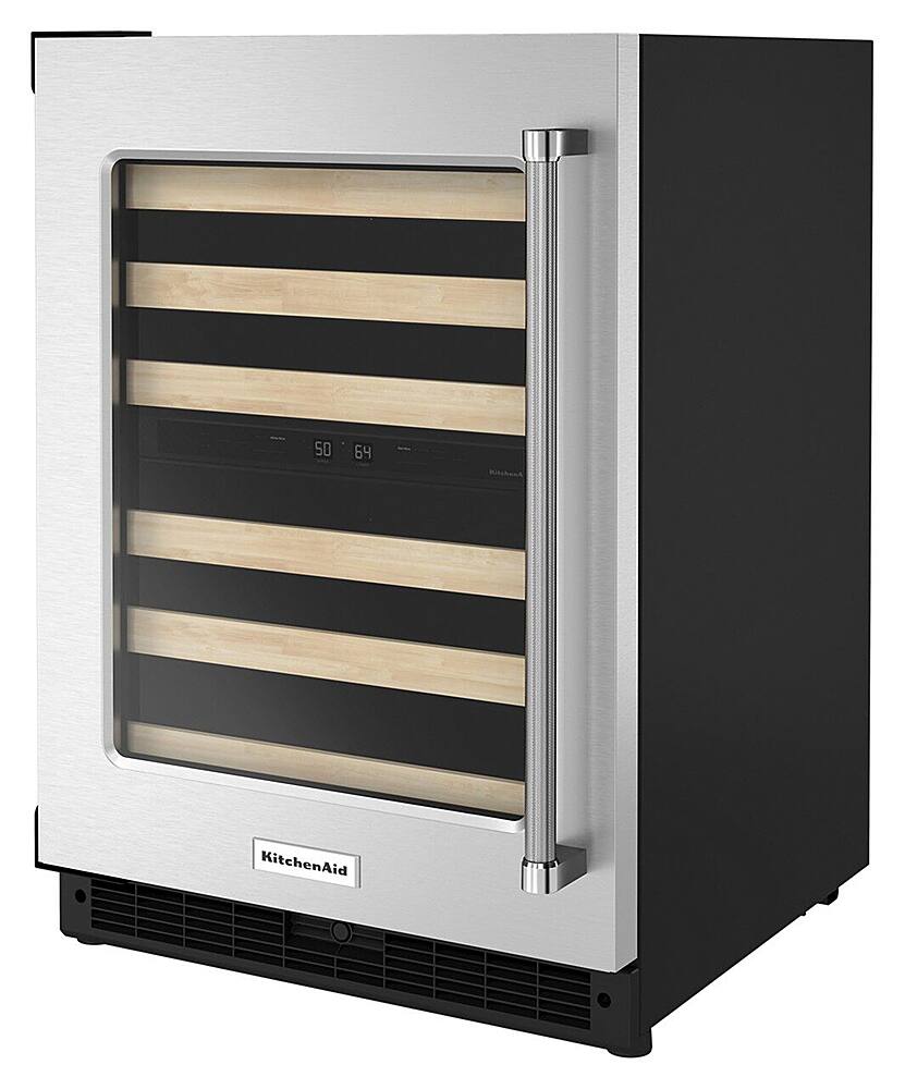 Left. KitchenAid - 46-Bottle Dual-Zone Wine Cellar with Glass Door and Wood-Front Racks - Stainless steel.