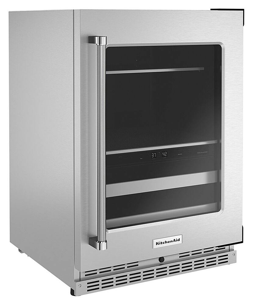 Angle. KitchenAid - 14-Bottle Dual Zone Beverage Cooler with Glass Door and Metal-Front Racks - Stainless Steel.