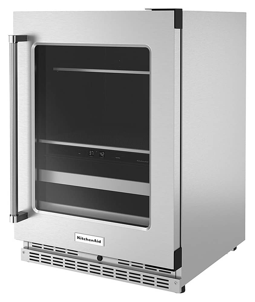Left. KitchenAid - 14-Bottle Dual Zone Beverage Cooler with Glass Door and Metal-Front Racks - Stainless Steel.