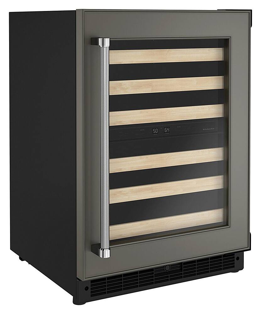 Angle. KitchenAid - 46-Bottle Dual-Zone Wine Cellar with Wood-Front Racks - Custom Panel Ready.