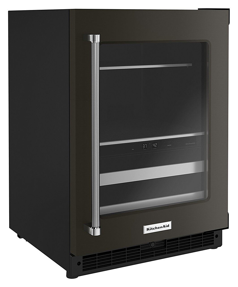 Angle View: KitchenAid - 14-Bottle Dual Zone Beverage Cooler with Glass Door and Metal-Front Racks - Black Stainless Steel