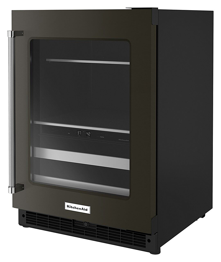 Left View: KitchenAid - 14-Bottle Dual Zone Beverage Cooler with Glass Door and Metal-Front Racks - Black Stainless Steel