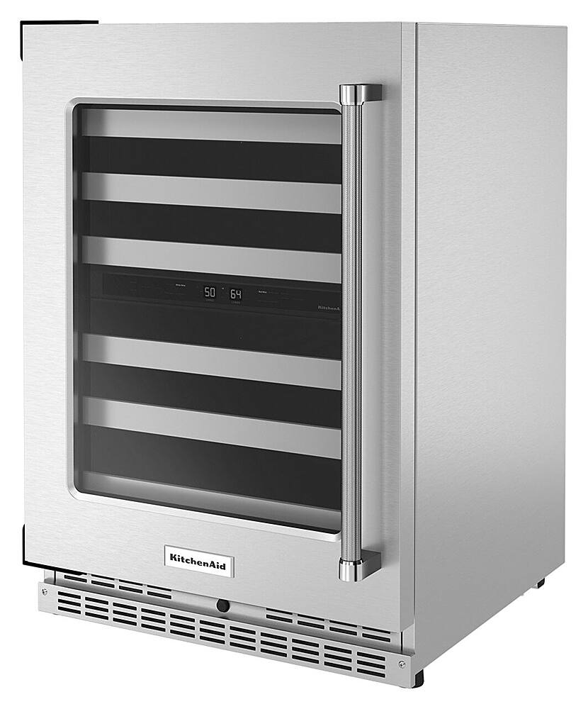 Left. KitchenAid - 46-Bottle Dual-Zone Wine Cellar with Glass Door and Metal-Front Racks - Stainless Steel.