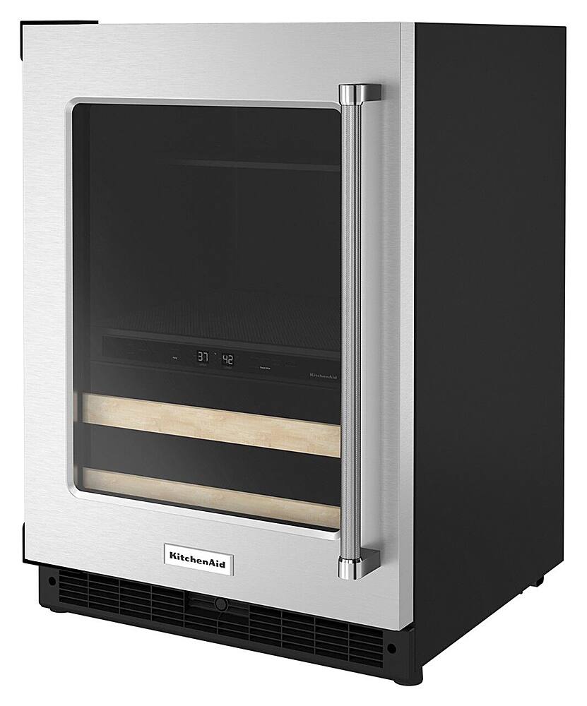 Left. KitchenAid - 14 Bottle Dual Zone Beverage Cooler with Temperature Monitoring System - Stainless Steel.