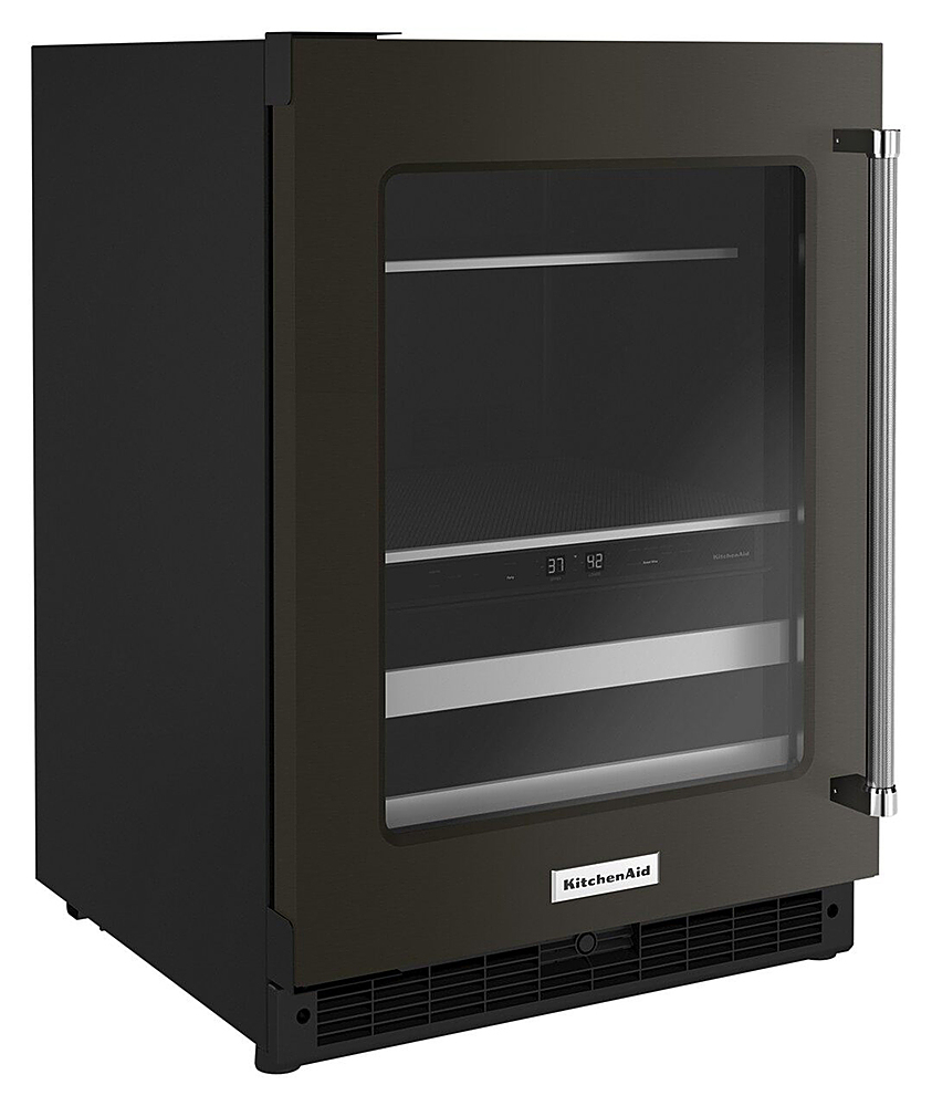 Angle View: KitchenAid - 14-Bottle Dual Zone Beverage Cooler with Glass Door and Metal-Front Racks - Black stainless steel