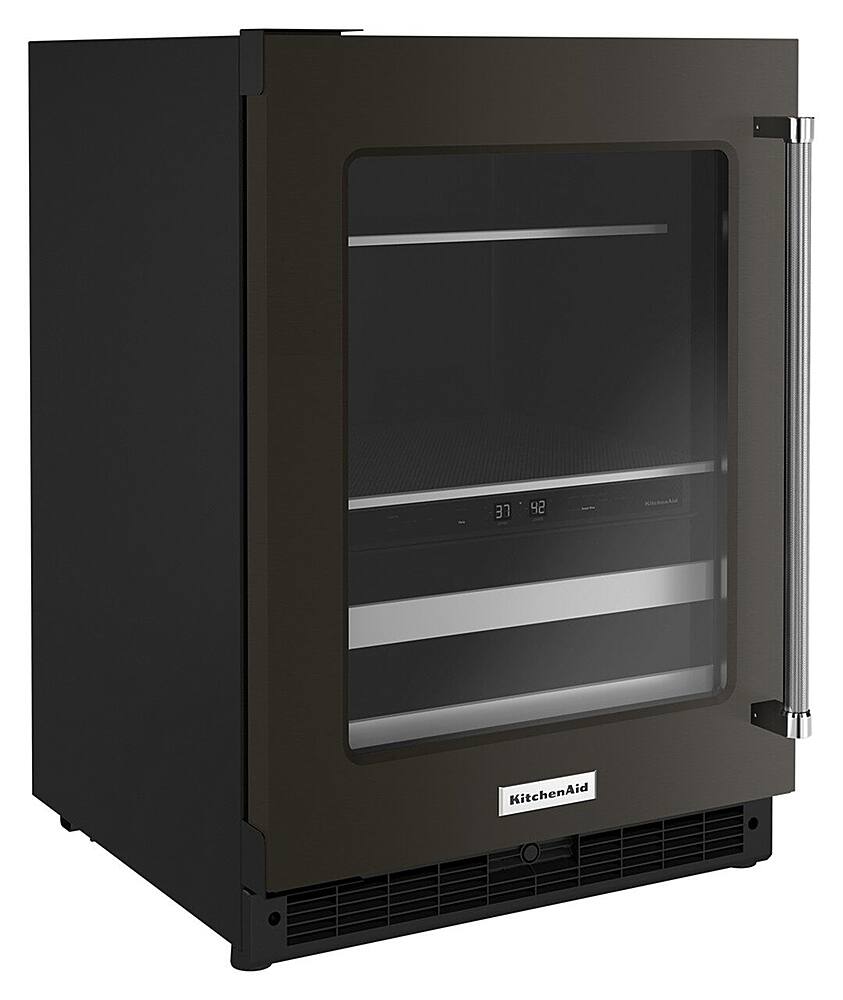 Angle. KitchenAid - 14-Bottle Dual Zone Beverage Cooler with Glass Door and Metal-Front Racks - Black Stainless.
