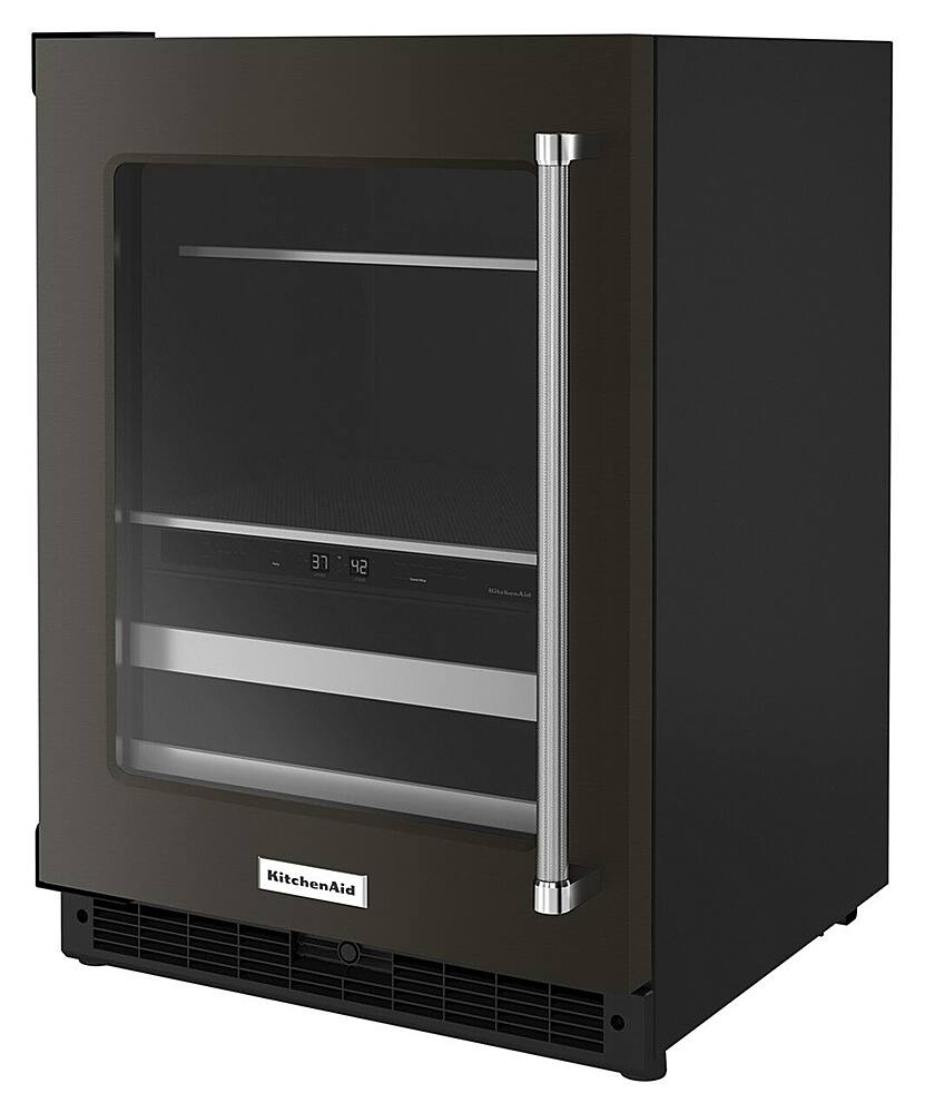 Left. KitchenAid - 14-Bottle Dual Zone Beverage Cooler with Glass Door and Metal-Front Racks - Black Stainless.