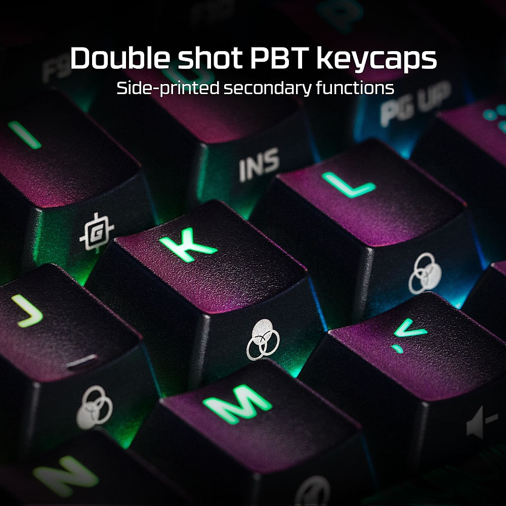 The text on the image reads "Double shot PBT keycaps Side-printed secondary functions PG UP INS L G K L V M N A". This text is describing the features of the keycaps, which include double shot PBT construction, side-printed secondary functions, and the presence of the PG, UP, INS, L, G, K, L, V, M, N, A keys.