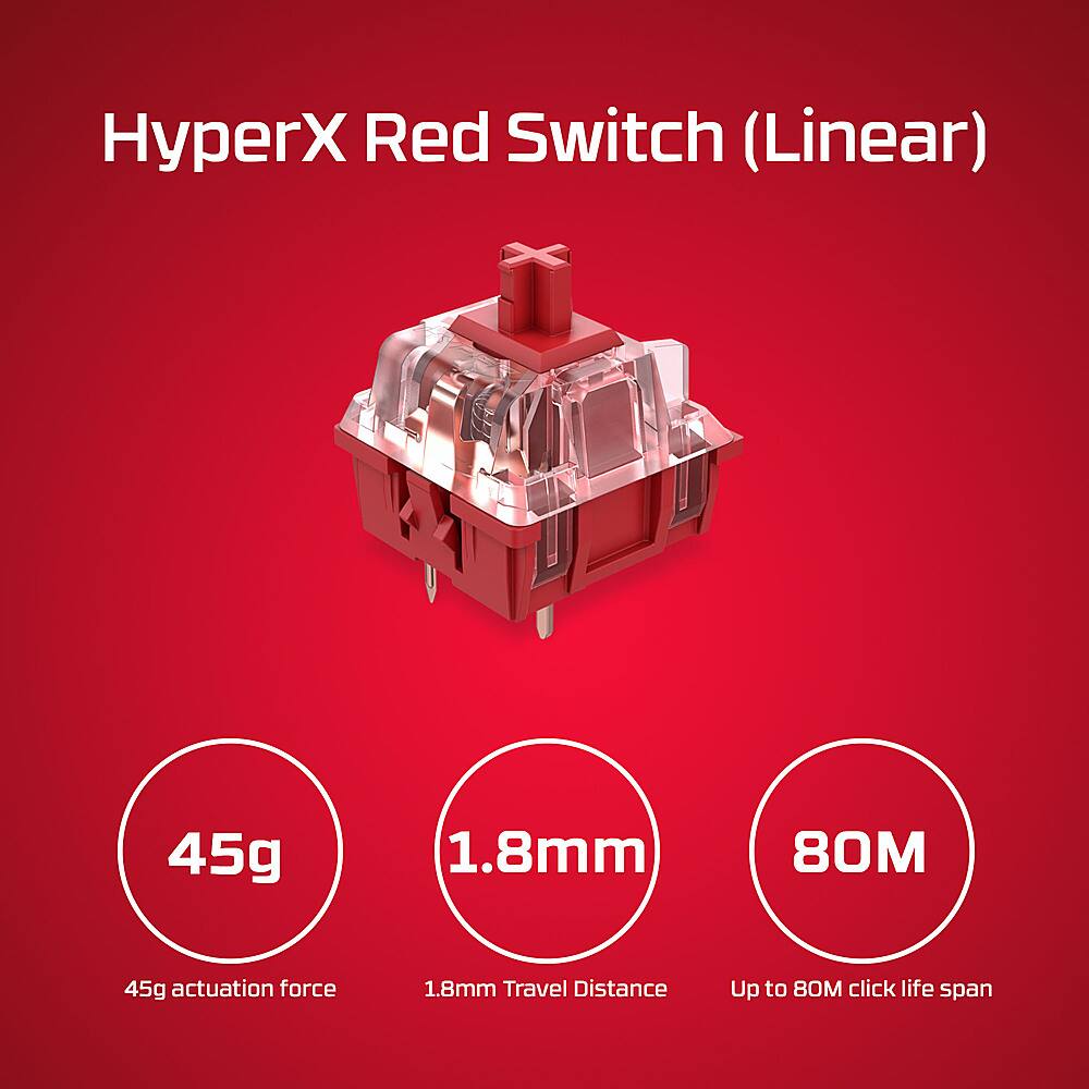 HyperX Red Switch (Linear) 45g 1.8mm 80M 45g actuation force 1.8mm travel distance Up to 80M click life span