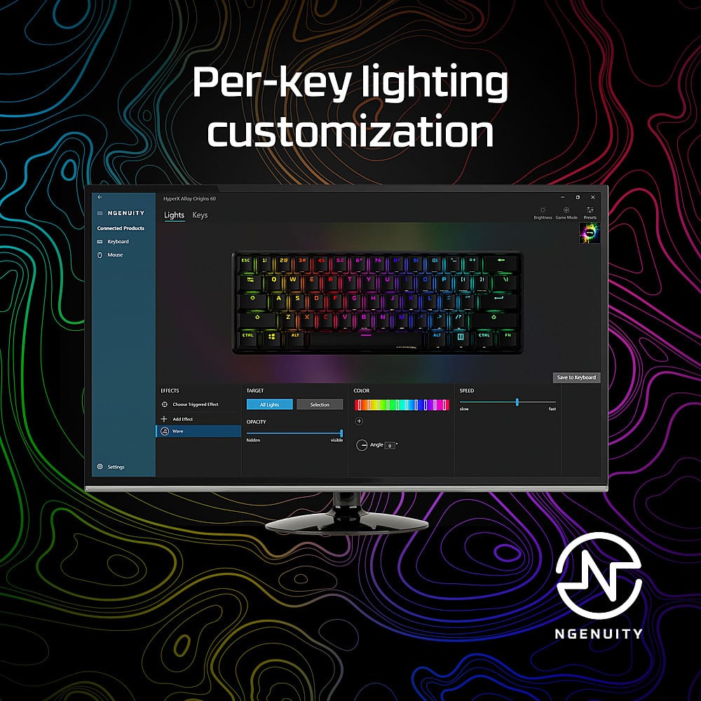 Per-key lighting customization is a feature of the Alloy Origins 5e keyboard. NGENUITY allows users to customize the lighting on each key, providing a unique and personalized experience. The image showcases the customizable keyboard with a colorful background, highlighting the possibilities of customization.
