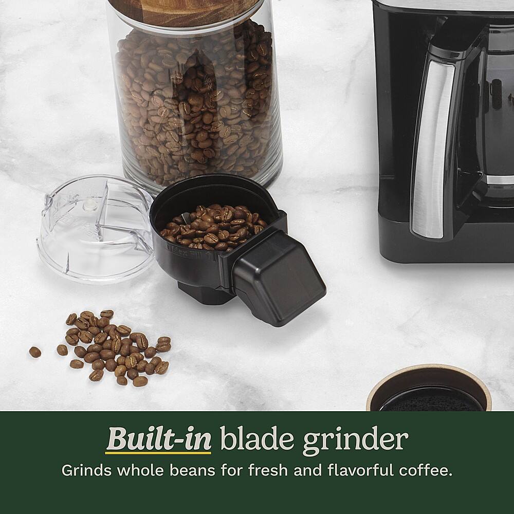 Built-in blade grinder Grinds whole beans for fresh and flavorful coffee.