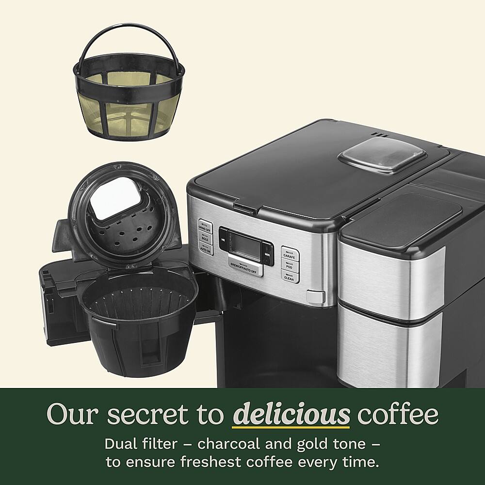 Our secret to delicious coffee: Dual filter - charcoal and gold tone - to ensure freshest coffee every time.