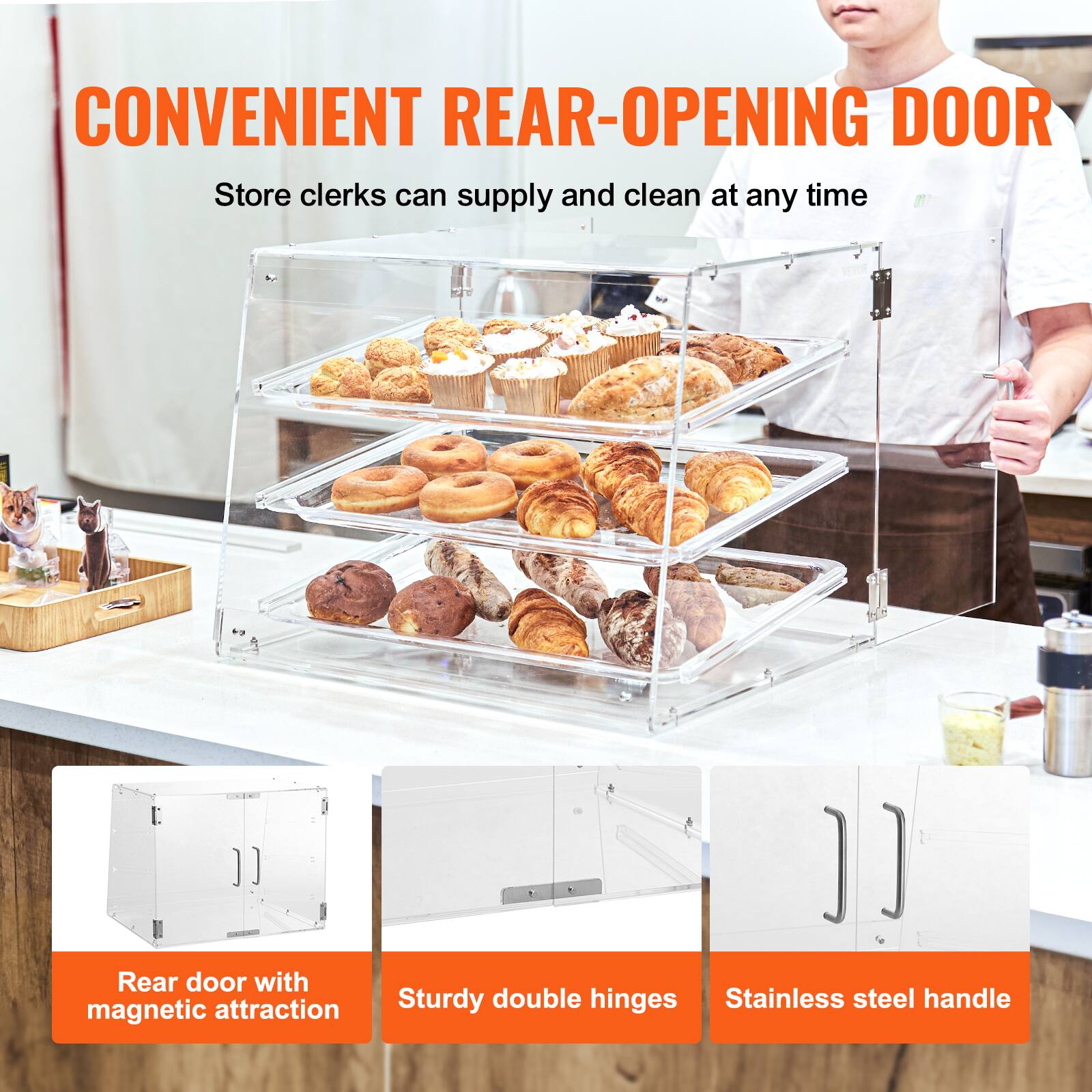 CONVENIENT REAR-OPENING DOOR  
Store clerks can supply and clean at any time  

Rear door with magnetic attraction  
Sturdy double hinges  
Stainless steel handle