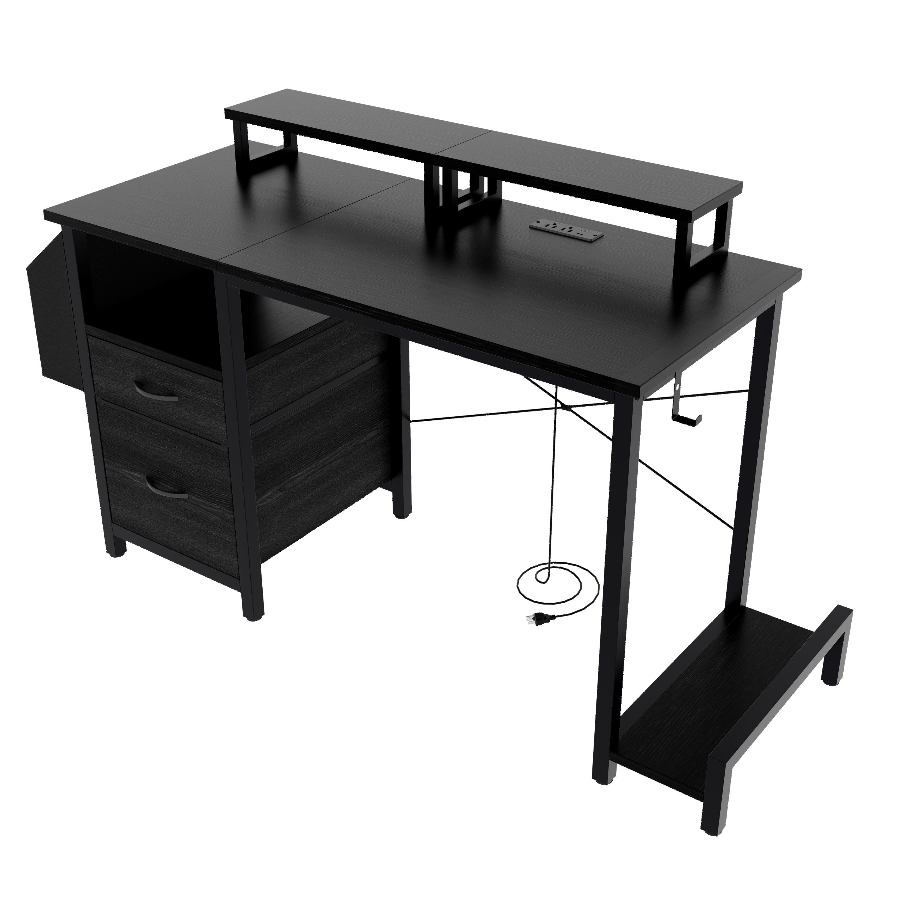 Alt View 5. Tiramisubest - 47" Computer Desk with 2 Fabric Drawers & Outlets,Office Desk with 2 Monitor Stands,Side Pocket,Shelves & Hooks,Black - Black.