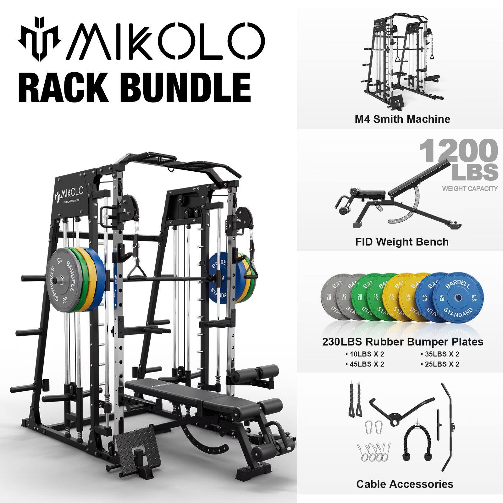Mikolo - Smith Machine, 2200 lbs Power Rack Cage, Power Rack with 800LB Capacity Weight Bench and 230 lbs Weight Plate - Black