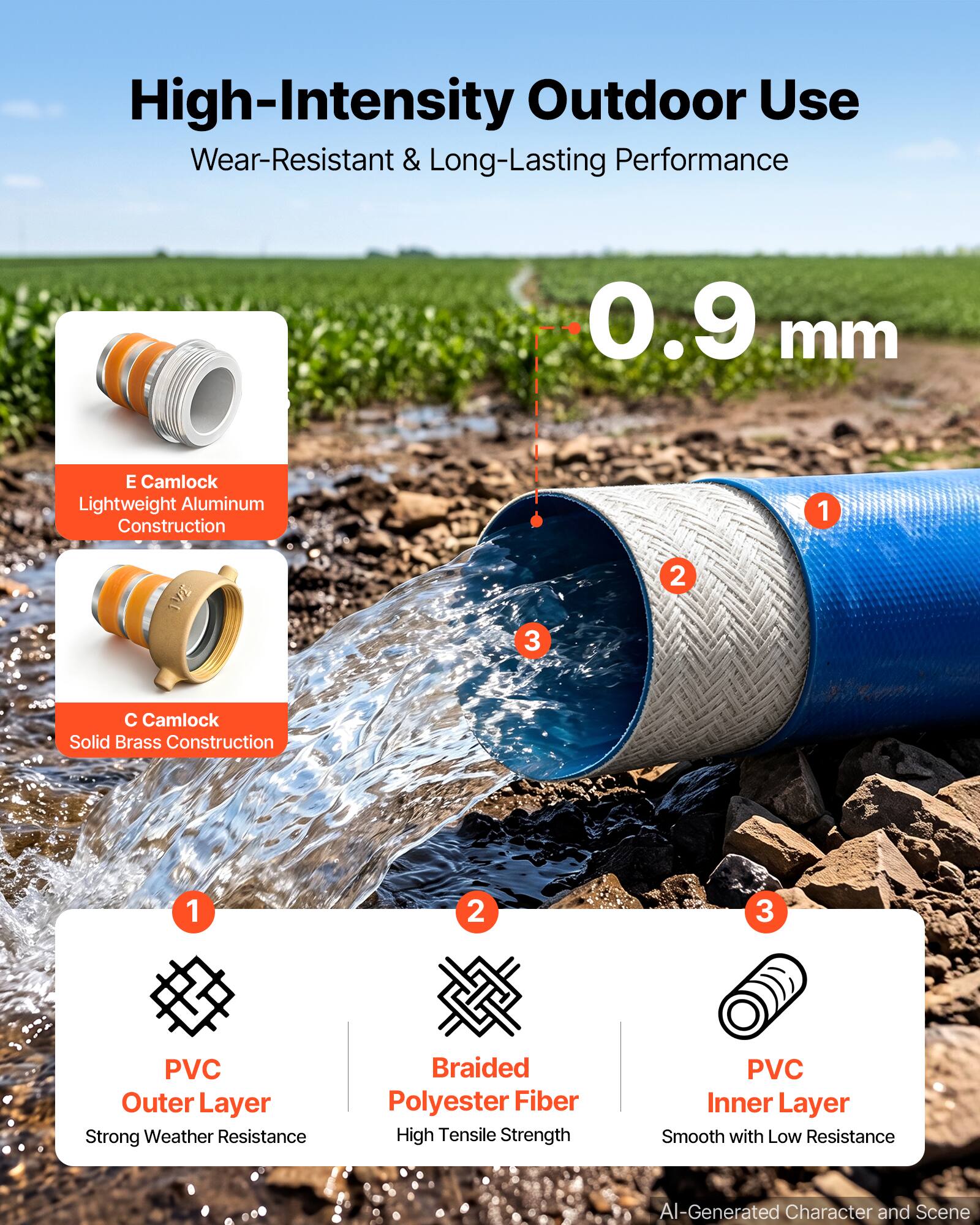 High-Intensity Outdoor Use  
Wear-Resistant & Long-Lasting Performance

0.9 mm

E Camlock  
Lightweight Aluminum Construction

C Camlock  
Solid Brass Construction

PVC Outer Layer  
Strong Weather Resistance

Braided Polyester Fiber  
High Tensile Strength

PVC Inner Layer  
Smooth with Low Resistance

AI-Generated Character and Scene