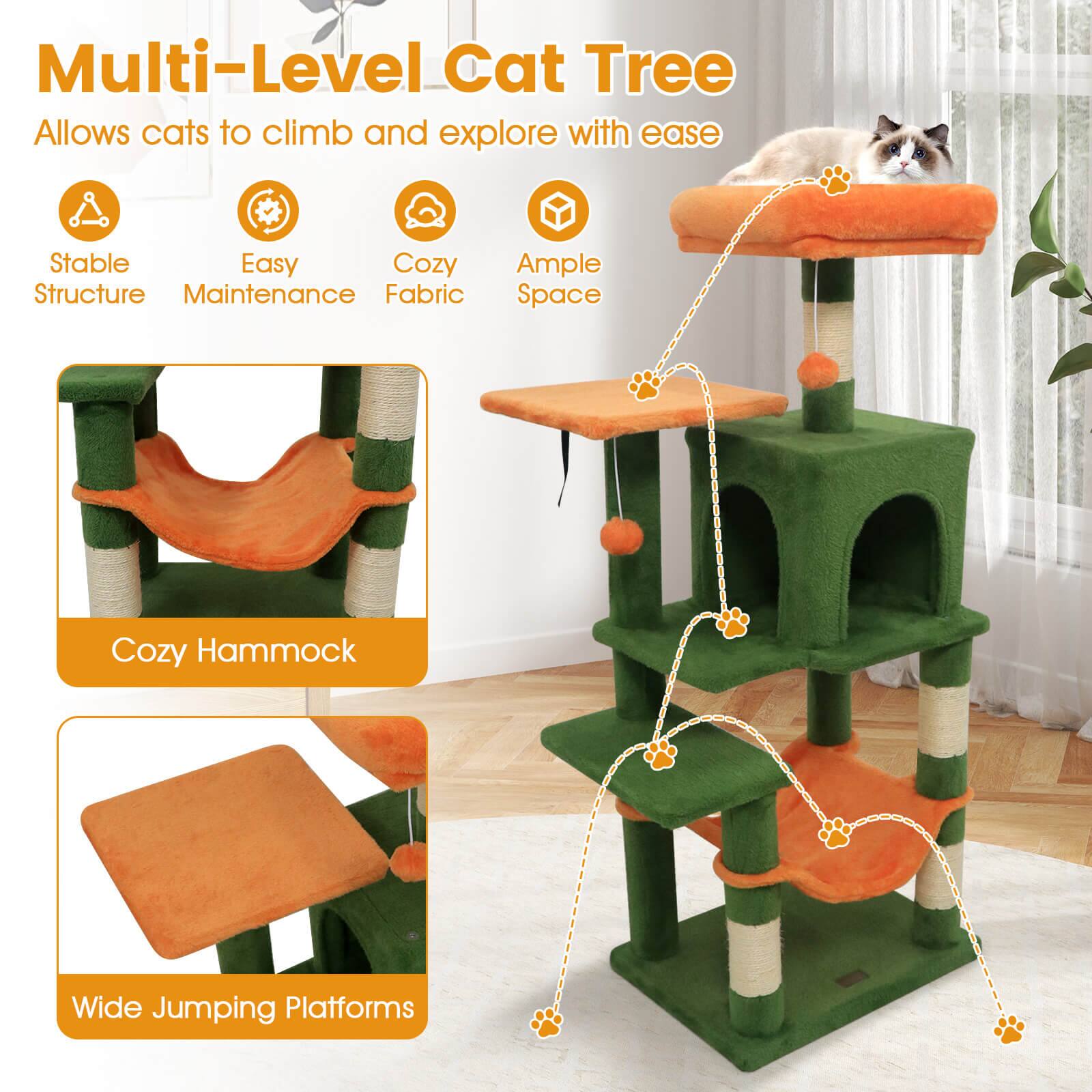 Multi-Level Cat Tree  
Allows cats to climb and explore with ease  

- Stable Structure  
- Easy Maintenance  
- Cozy Fabric  
- Ample Space  
- Cozy Hammock  
- Wide Jumping Platforms