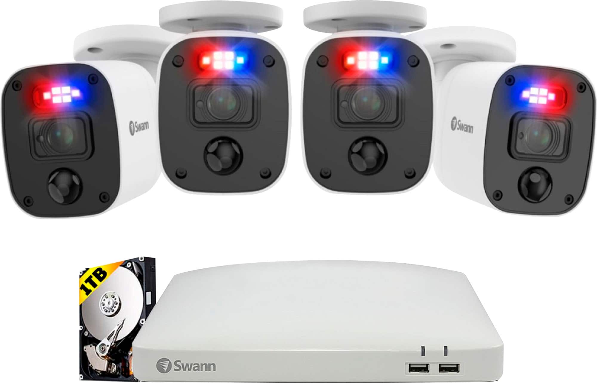 Front. Swann - Professional 8-Channel, 4-Camera Indoor/Outdoor Wired 1080p 1TB DVR Home Security Camera System - White.