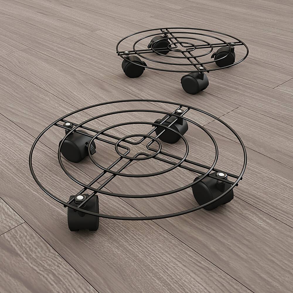 Set of 2 Round Pot Stand on Wheels- 12” Rolling Tray, Locking Casters, Rustproof for Outdoor/Indoor Use by Nature Spring - Black - Alt_View_Standard_11