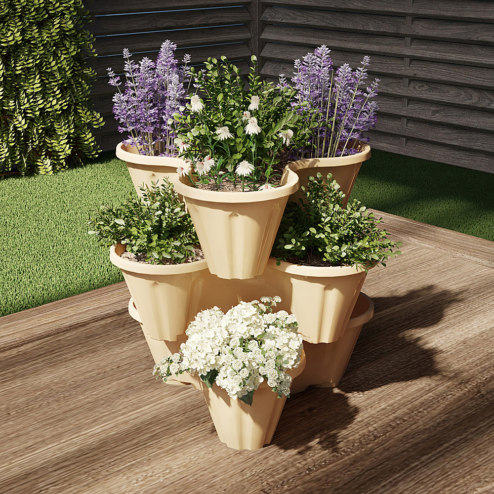 Nature Spring - Stacking Planter Tower- 3-Tier Space Saving Flower Pots- Set of 3 Indoor/Outdoor Planter - Sand Stone