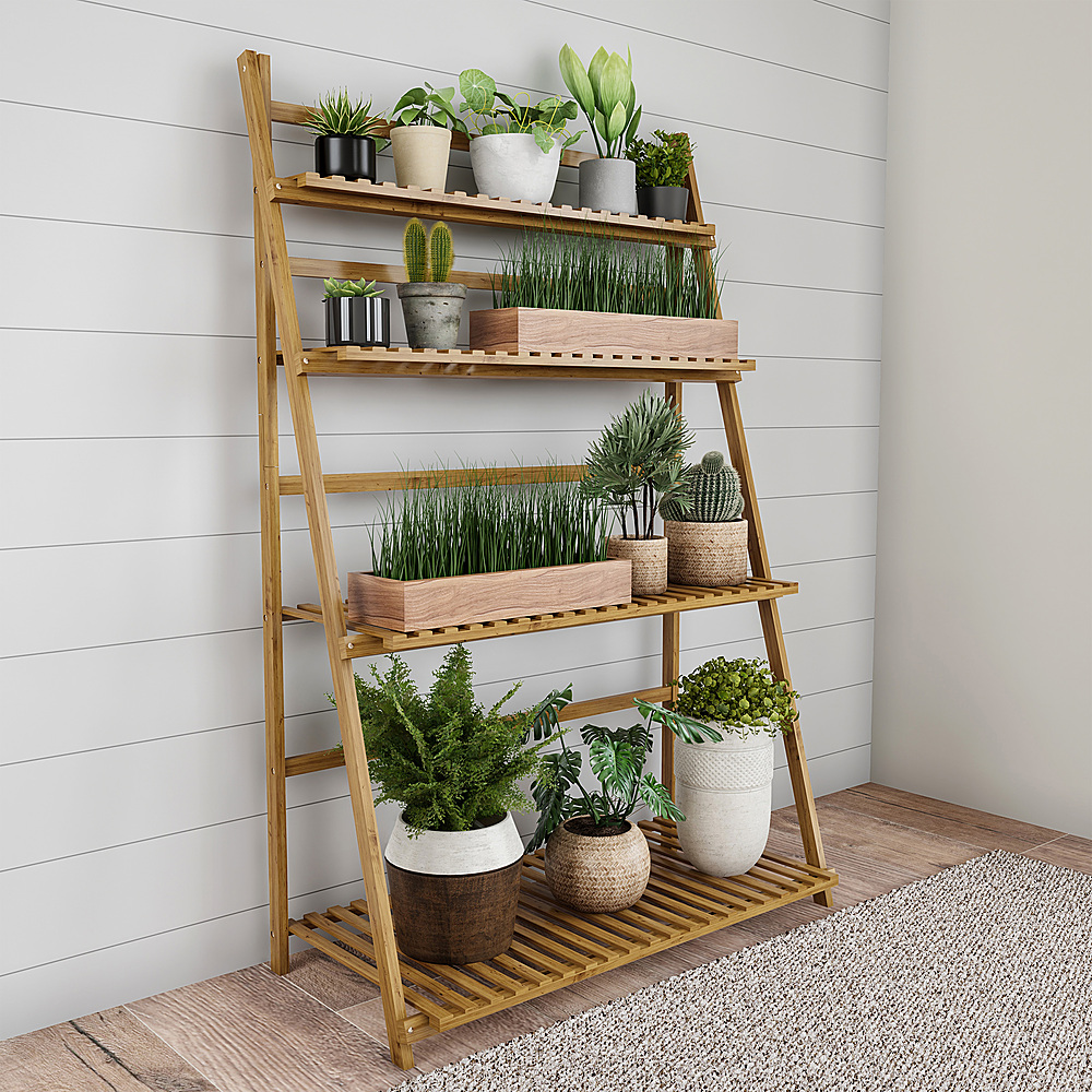 Nature Spring - Ladder Plant Stand-4 Tier Freestanding Bamboo Storage Shelf-Foldable Indoor/Outdoor Rack - Natural Wood