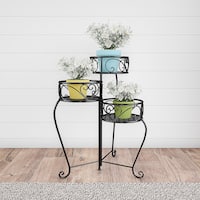 3-Tier Indoor or Outdoor Folding Wrought Iron Inspired Metal Display with Laser Cut Shelves by Nature Spring - Black - Alt_View_Standard_11
