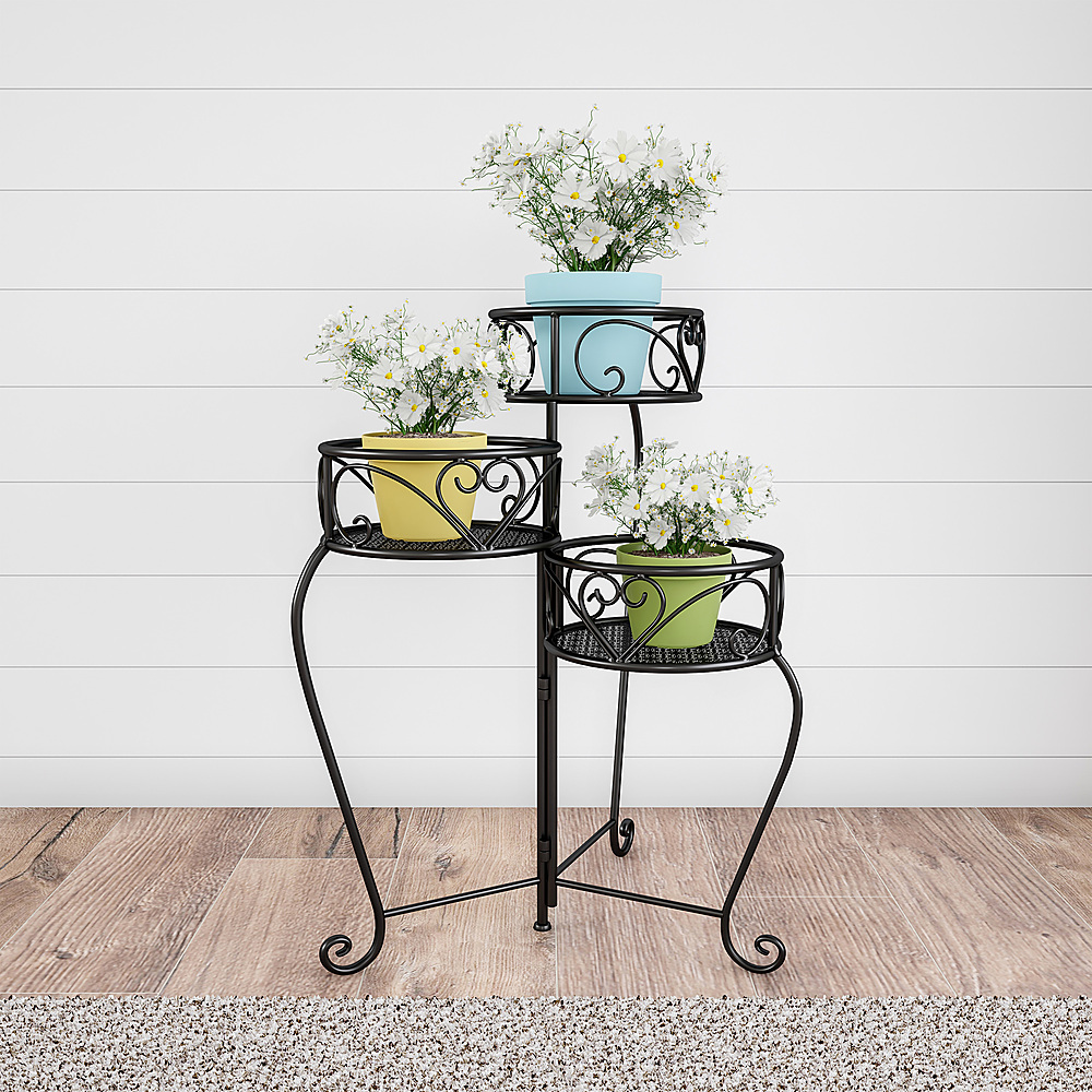 Nature Spring - 3-Tier Indoor or Outdoor Folding Wrought Iron Inspired Metal Display with Laser Cut Shelves - Black