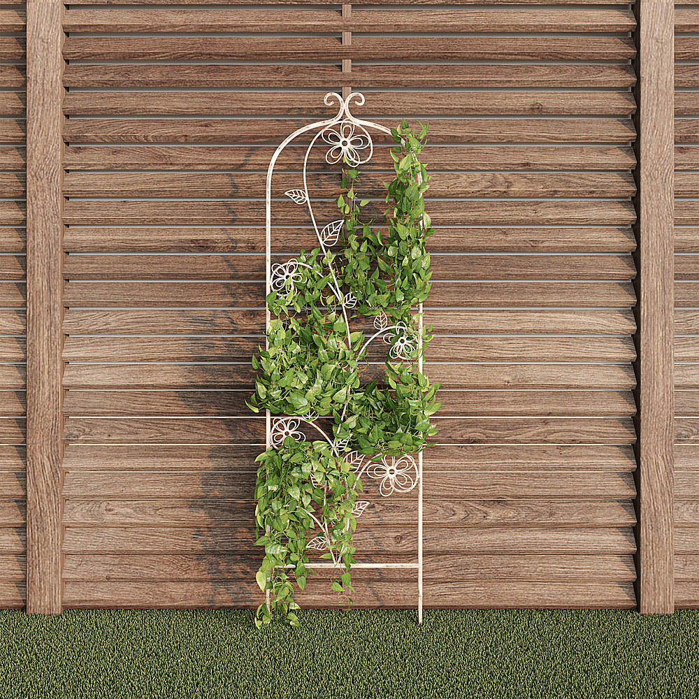 Nature Spring - Garden Trellis- For Climbing Plants- Decorative Flower Stem Metal Panel - Antique White