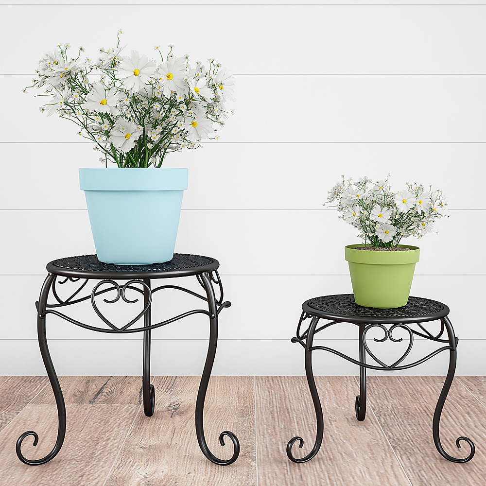Nature Spring - Set of 2 Indoor or Outdoor Nesting Wrought Iron Inspired Metal Round Decorative Potted Plant Display - Black