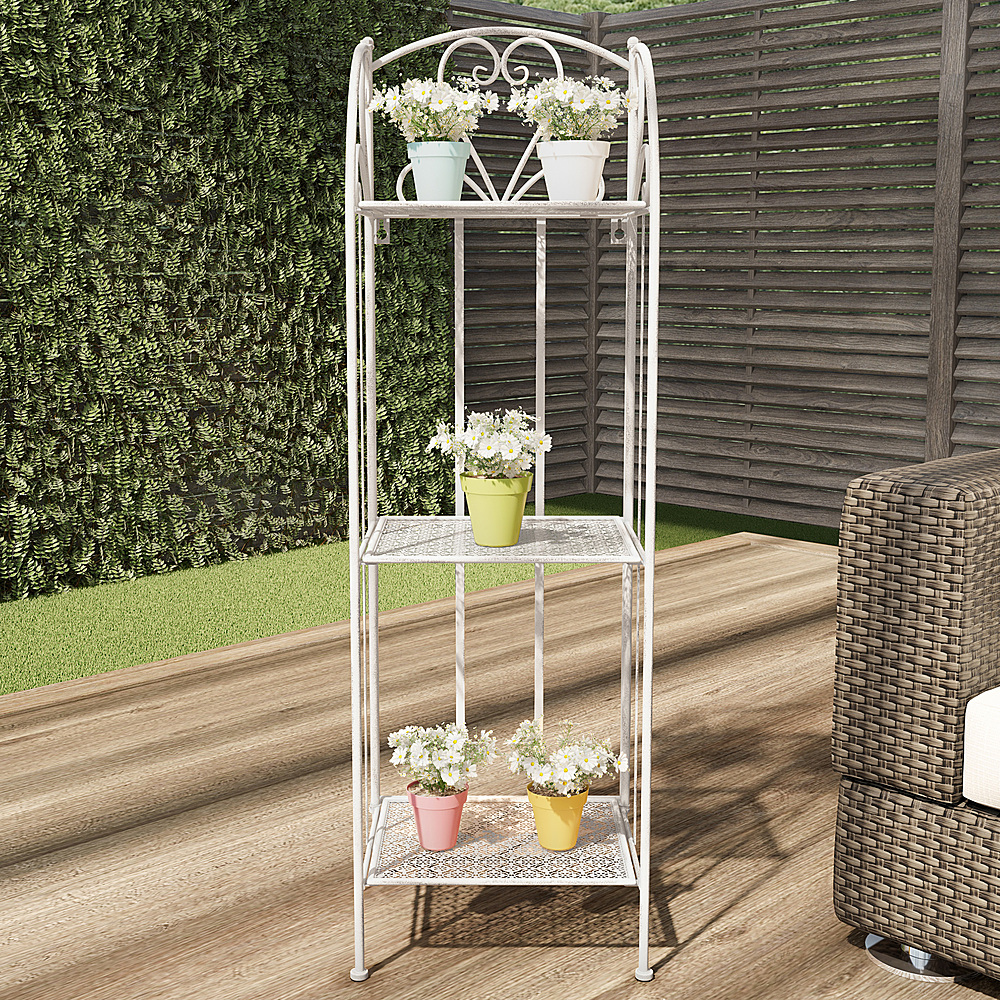 Nature Spring - 3-Tier Vertical Shelf Indoor or Outdoor Folding Wrought Iron Home Garden Display - Antique White