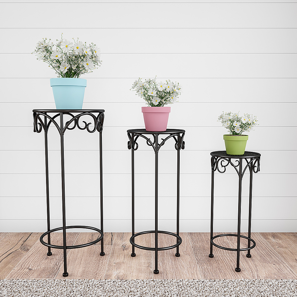Nature Spring - Set of 3 Indoor or Outdoor Nesting Wrought Iron Metal Round Decorative Potted Plant Accent - Black