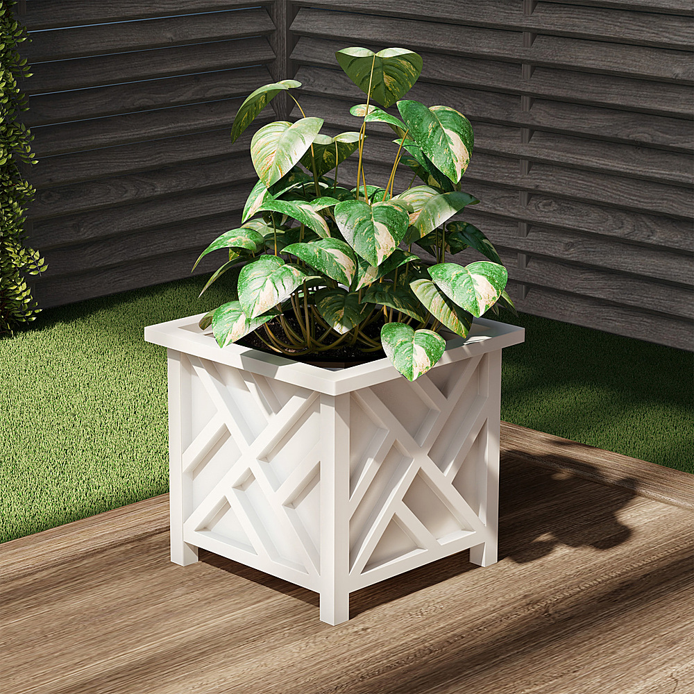 Nature Spring - Square Planter Box- White Lattice Container for Flowers & Plants  Outdoor Pot - White