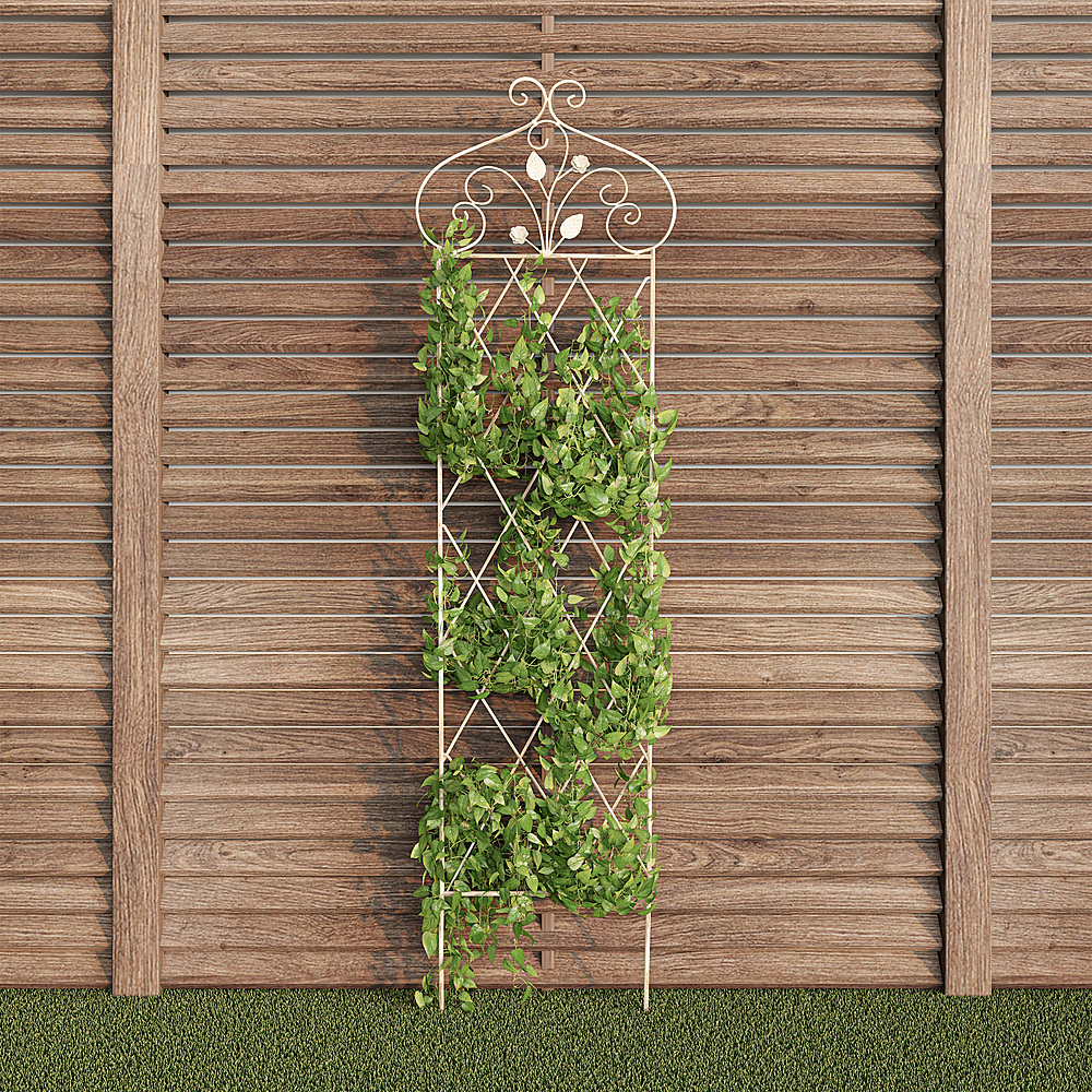 Nature Spring - Garden Trellis- For Climbing Plants- 63” Decorative Lattice Metal Panel - Antique White