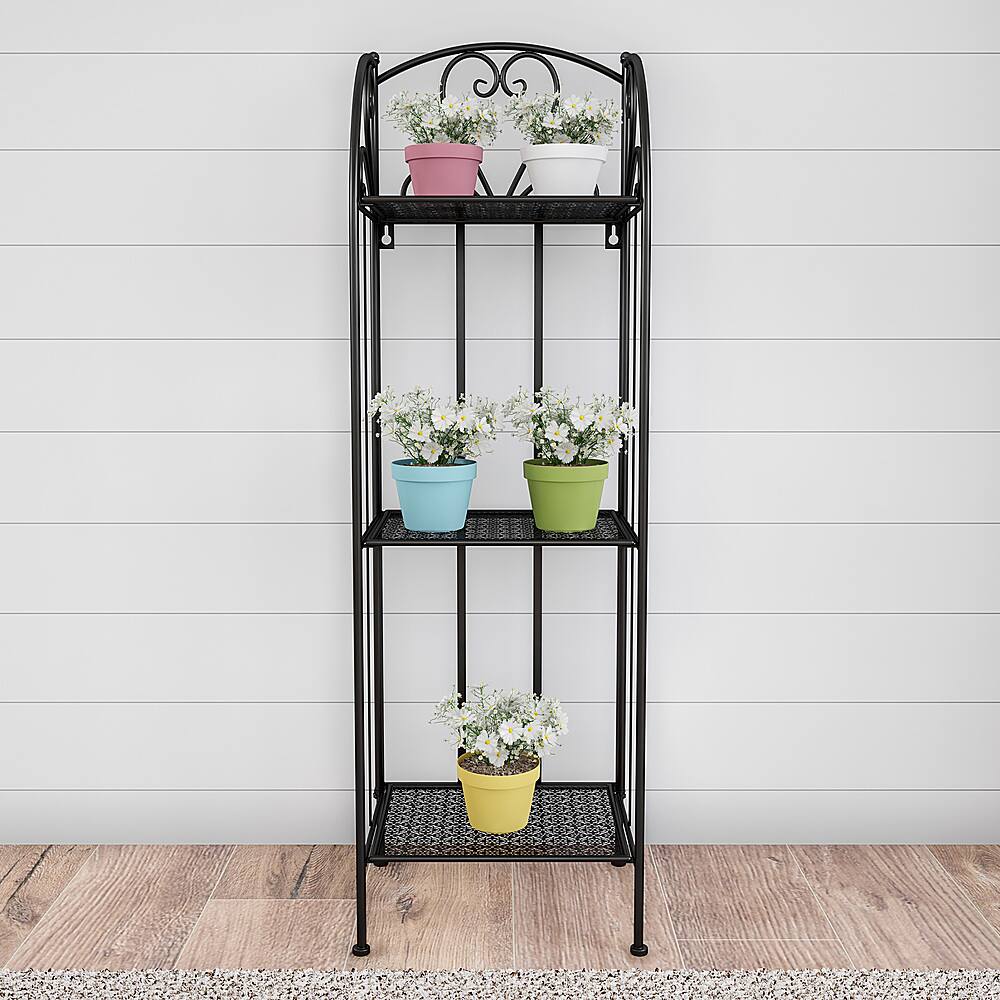 3-Tier Vertical Shelf Indoor or Outdoor Folding Wrought Iron with Staggered Shelves by Nature Spring (Black) - Black - Alt_View_Standard_11