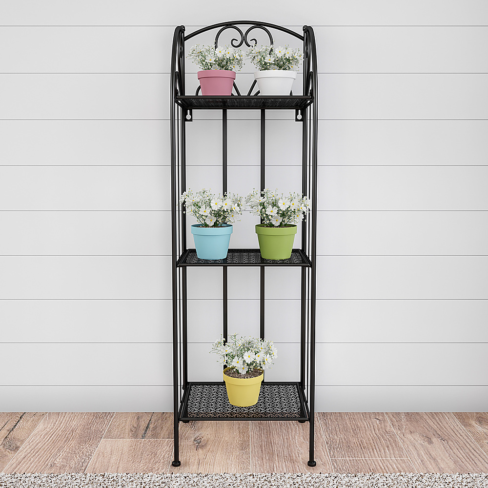Nature Spring - 3-Tier Vertical Shelf Indoor or Outdoor Folding Wrought Iron with Staggered Shelves - Black