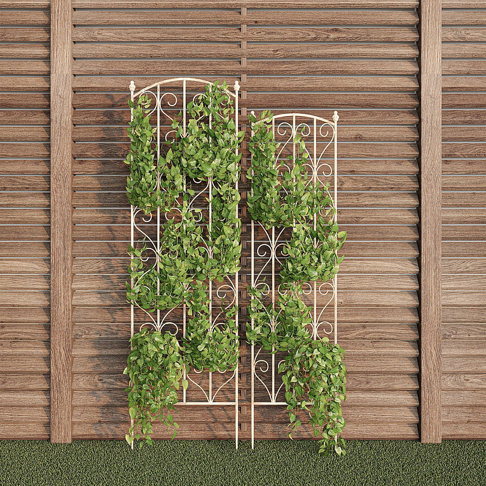 Nature Spring - Garden Trellis- For Climbing Plants-Set of 2- Metal Panels with Decorative Scrolls - Antique White
