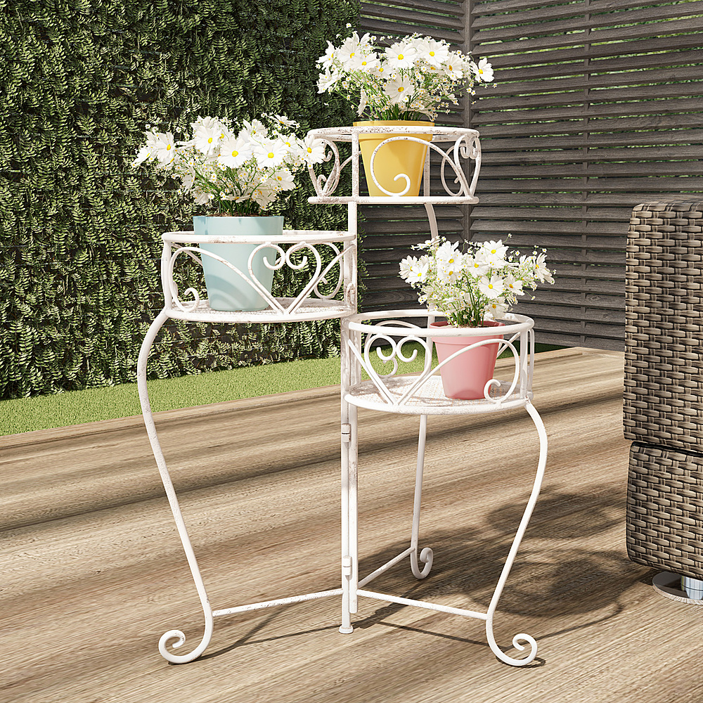 Nature Spring - 3-Tier Indoor or Outdoor Folding Wrought Iron Metal Home and Garden Display with Staggered Shelves - Antique White
