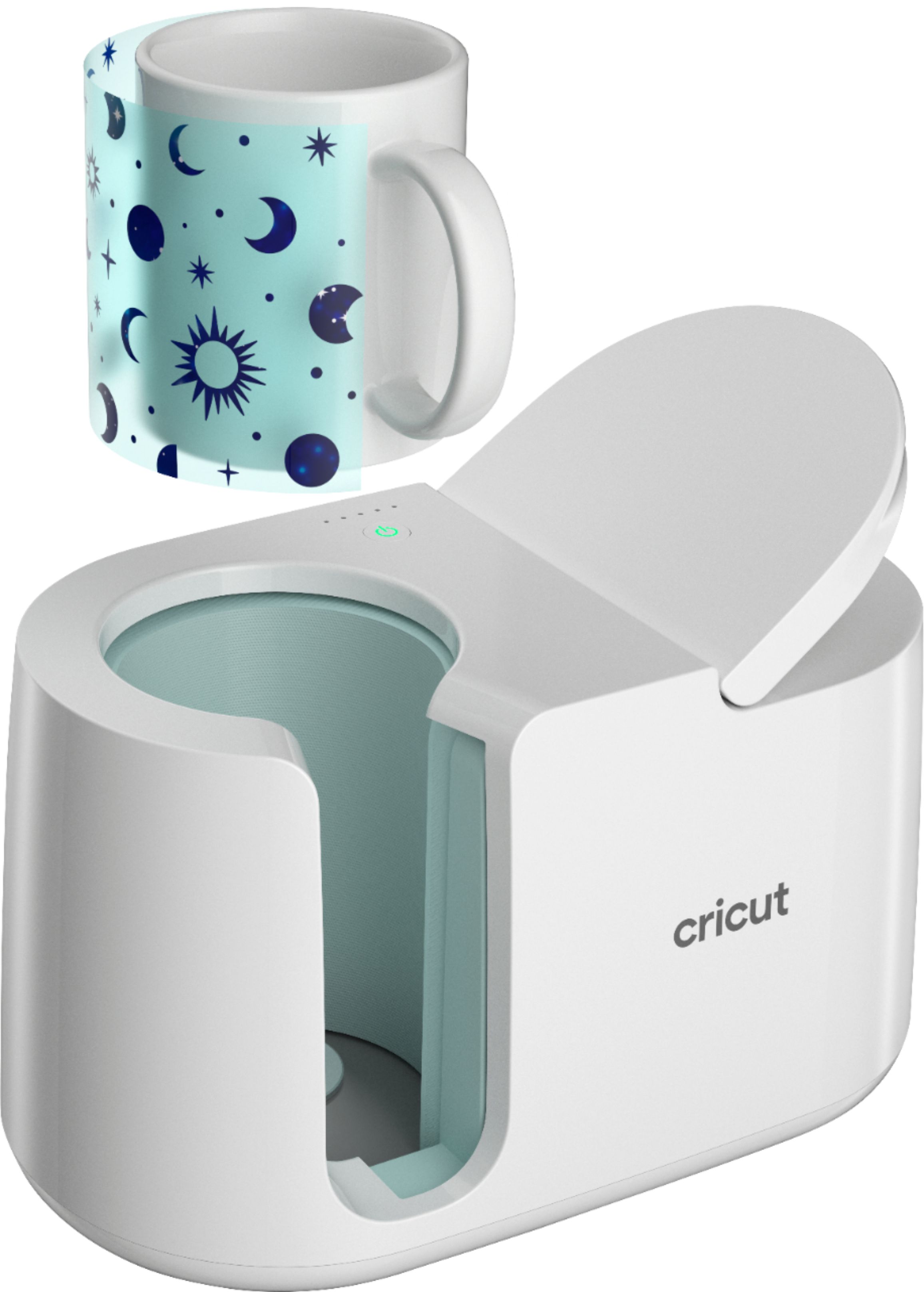 Cricut Mug Press with Mug Blanks, Heat Resistant Tape, Markers, and Distressed Print Transfer Sheets Bundle, White