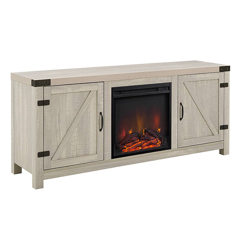 Left. Walker Edison - 58" Modern Farmhouse Barndoor Fireplace TV Stand for Most TVs up to 65" - Stone Wash.