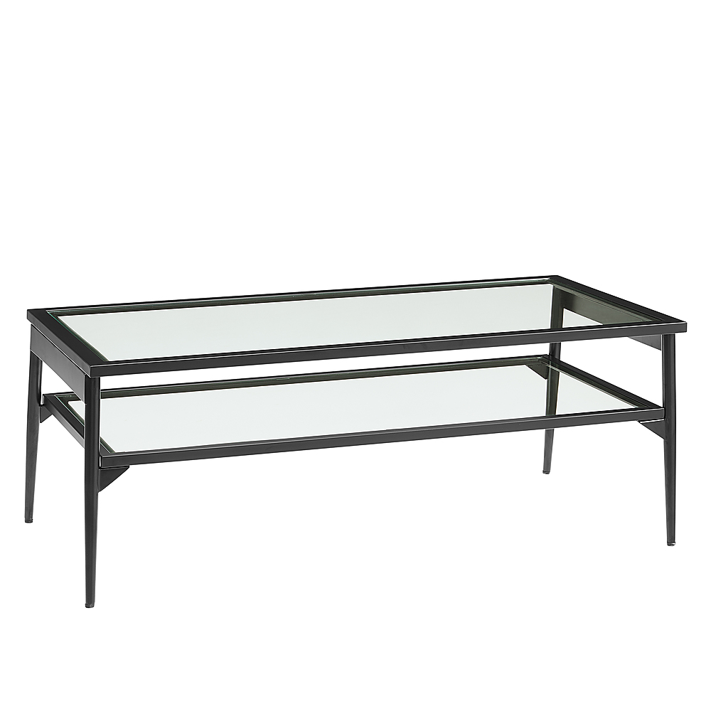 Left View: Walker Edison - 42” Modern 2-Tier Metal Coffee Table with Glass Top - Black