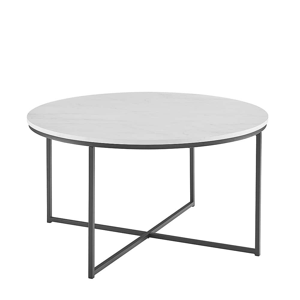 Left View: Walker Edison - 36” Modern Glam Faux Marble Round Coffee Table - Faux White Marble/Black