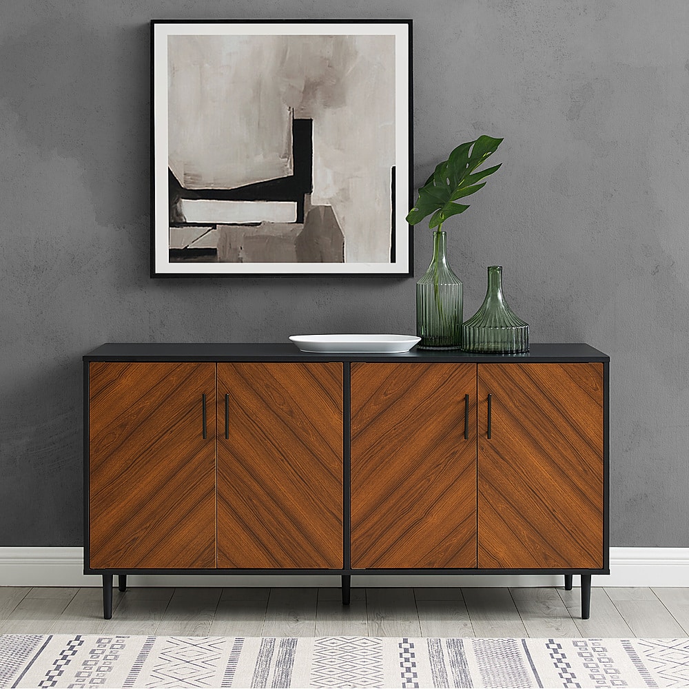 Alt View 12. Walker Edison - 58” Mid Century Modern Faux Bookmatch Buffet - Acorn Bookmatch / Solid Black.