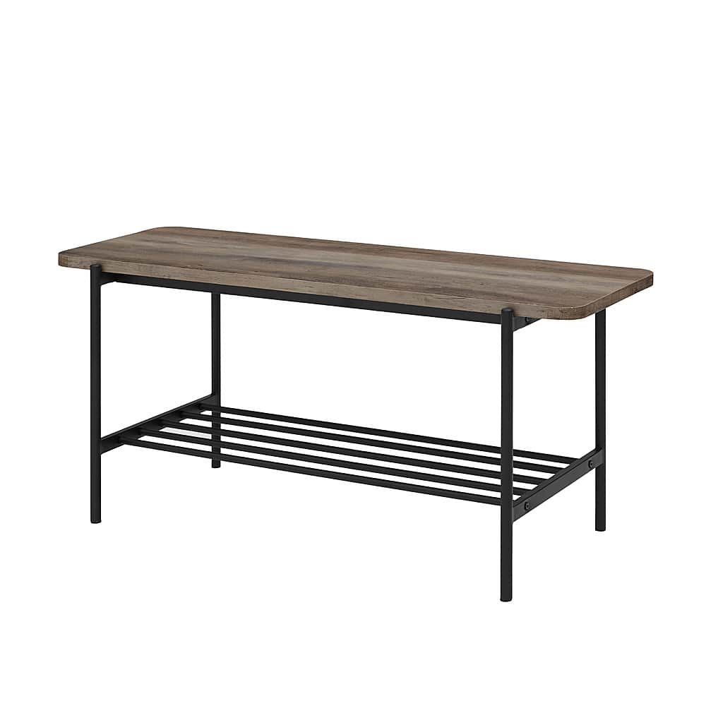 Left View: Walker Edison - 40” Industrial Wood and Metal Mesh Bench - Grey Wash